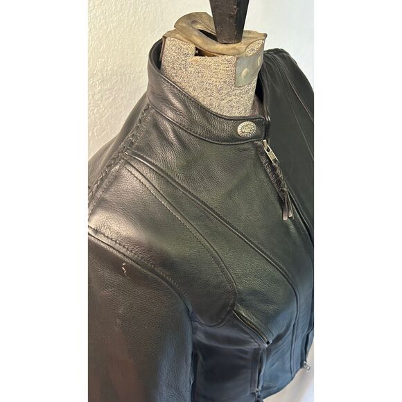Harley Davidson Womens M Leather Riding Jacket Black Willie G Wheel Large Print - Picture 6 of 12
